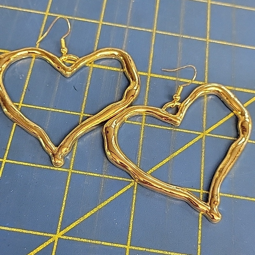 Hollow Heart Gold Tone 2.5" Earrings
